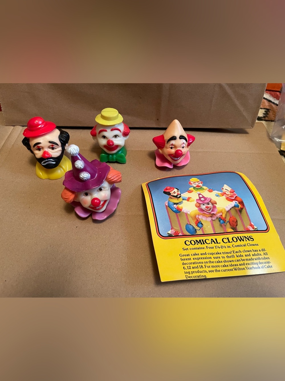 4 Vintage 1978 Wilton Clown Cake Toppers Cupcakes Circus Decorations with insert